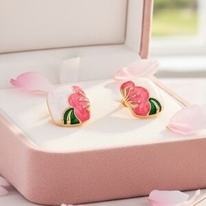Floral Pink and Green Enamel Earrings